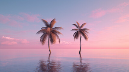 Fototapeta na wymiar pink tropical palm trees and sea on sunset background. summer concept, vacation or summer vacation concept