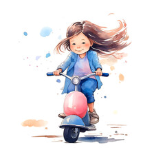  Little girl riding scooter watercolor paint.