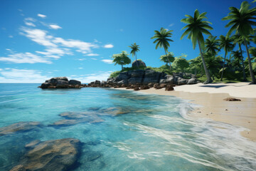 A pristine beach with crystal-clear waters, palm trees, and sunbathers, embodying the allure of tropical paradise. Generative Ai.