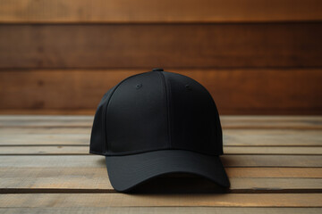 Black cap for adult men on the table. Black baseball cap template. Cap mockup. Generative AI - Powered by Adobe