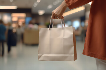 Close-Up von weiblicher Hand mit Einkaufstüte im Einkaufszentrum - obrazy, fototapety, plakaty