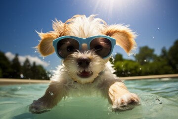 an adorable pup sporting shades and joyfully standing in a small water pool. Generative AI