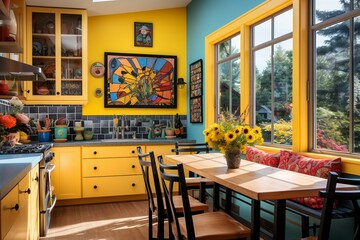 Colorful kitchen with dining area, storage, and framed art by the window. Generative AI
