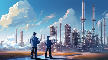 factory worker and engineer in the factory. production and gas oil industry concept.