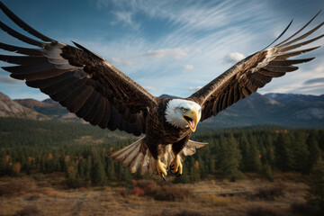 A close encounter with a majestic bald eagle in flight, celebrating the splendor of wildlife and freedom. Generative Ai.