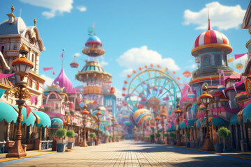 A colorful, bustling carnival filled with rides, games, and cotton candy, capturing the excitement...