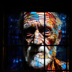 Stained glass portrait of an old man.  AI generated picture.