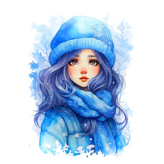 Beautiful girl in winter clothes watercolor paint 