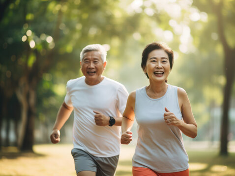 Happy asian elderly couple running in park. AI generated picture.