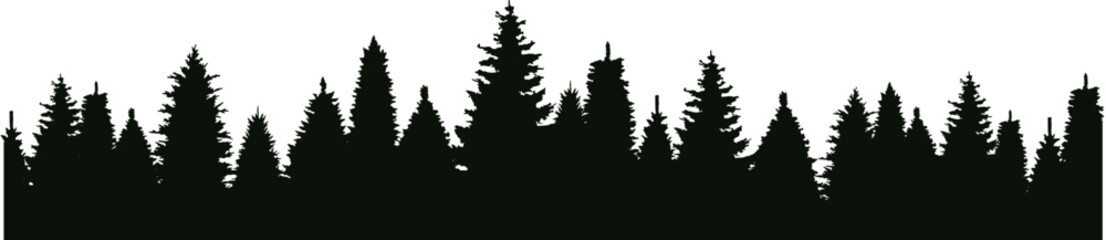 Silhouette of Christmas trees. Vector silhouette of forest trees. Abstract forest vector background on transparent background. Vector EPS 10 - obrazy, fototapety, plakaty