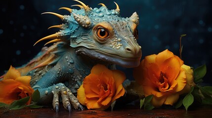  a close up of a lizard on a table with flowers in front of it and water droplets on its face.  generative ai
