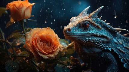 Fototapeta na wymiar a close up of a lizard next to a flower with water droplets on it and rain falling on the ground. generative ai