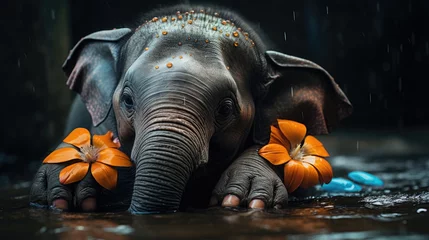 Foto op Aluminium  a close up of an elephant laying in a body of water with orange flowers on it's trunk and tusks.  generative ai © Anna