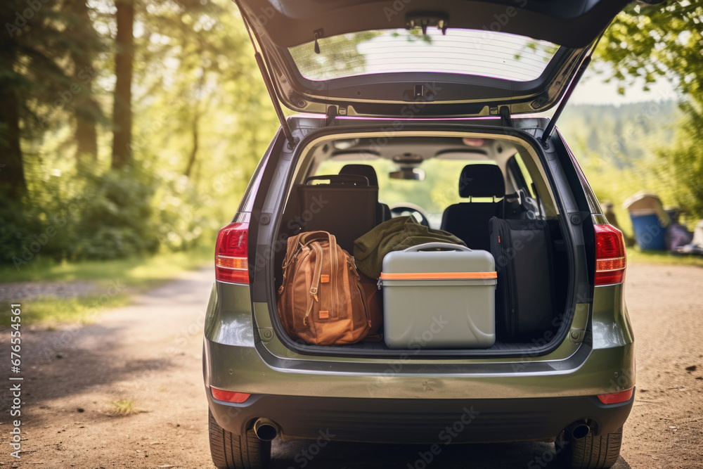 Wall mural Trunk of suv car loaded with travel luggage, ready for an exciting adventure