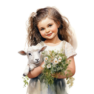 Little girl holding a little goat in her hand watercolor paint