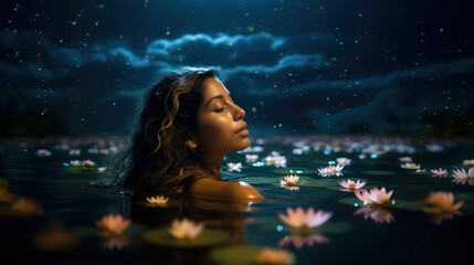 Young Mixed Race Biracial Latina Black Woman Relaxing in Dreamy Water River Lake Spa Breathing Relaxing with Flowers, Stars Clouds at Night 