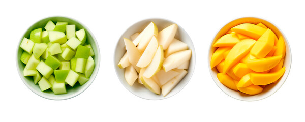 High angle view of chopped green apple, pears and mango over isolated transparent background