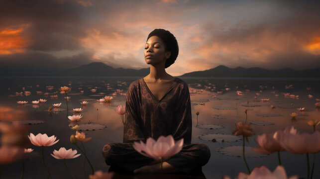 Black Woman Meditating Meditation sitting in Dreamy Calm Water River Lake Spa Breathing Relaxing with Lotus Flowers, Water Lillies at Sunset Sunrise Mountain Landscape