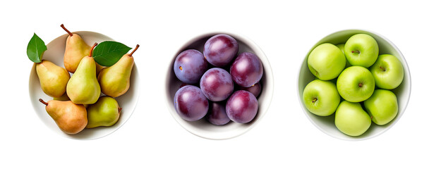 Top view of three bowls with pears, plums and green apple on isolated transparent background