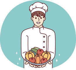 Man restaurant chef holds plate with fresh vegetables offering to make vegetable salad. Vector image