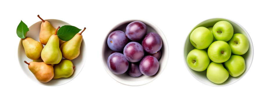 Top view of three bowls with pears, plums and green apple on isolated transparent background