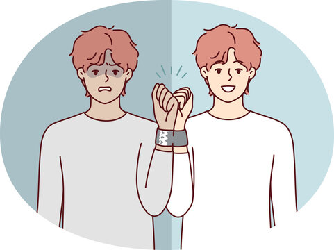 Similar men with tied hands for psychological problems or internal disorder concept. Vector image