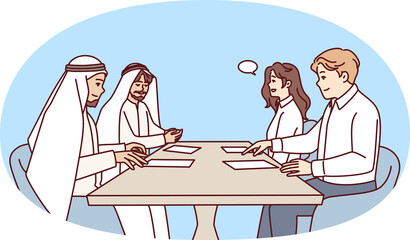 Managers of international business sit at table with papers and discuss investments. Vector image