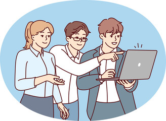 Woman and two men startup employees dressed in business style stand with laptop. Vector image