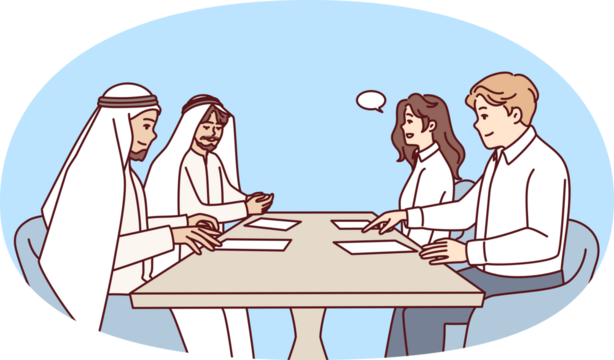 Managers of international business sit at table with papers and discuss investments. Vector image