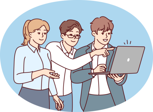 Woman and two men startup employees dressed in business style stand with laptop. Vector image
