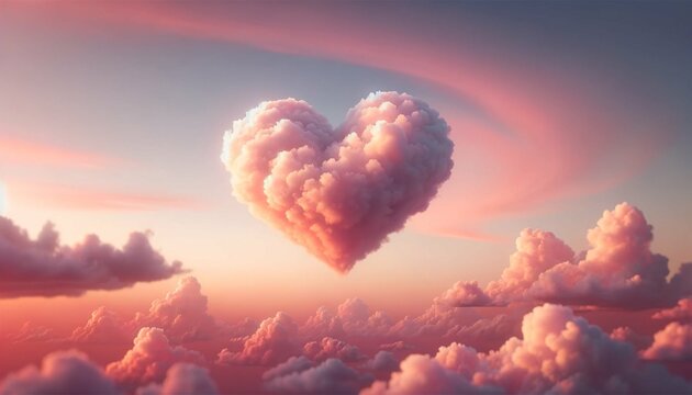 Fototapeta Pink valentine day heart in the clouds as abstract background, pastel colors, romantic wallpaper