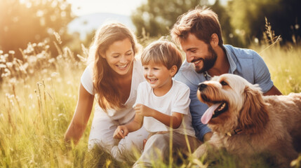  Happy family with dog in nature. Camping, travel, hiking.