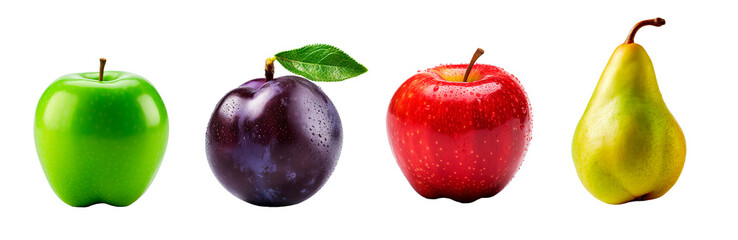 Whole green apple, plum, red apple and pear on isolated transparent background