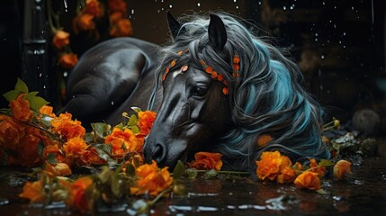  a couple of horses laying next to each other on top of a field of orange and yellow flowers on a rainy day.  generative ai