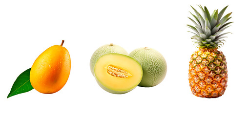 Collage set of mango, melon and pineapple over isolated transparent background