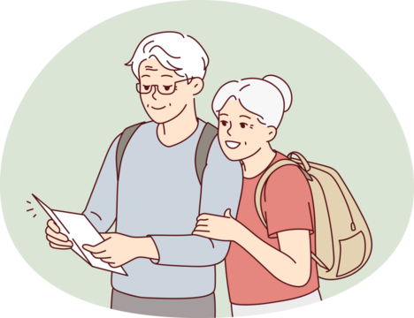 Smiling mature couple look at map traveling