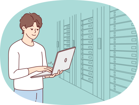 Male engineer work in server room