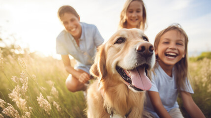  Happy family with dog in nature. Camping, travel, hiking. - Powered by Adobe