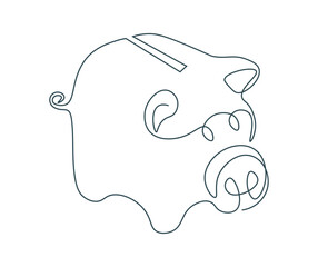 Piggy bank in single continuous line. One line drawing. Business and economics concept. Investment and saving money. Family budget. Editable stroke. Isolated vector doodle illustration.