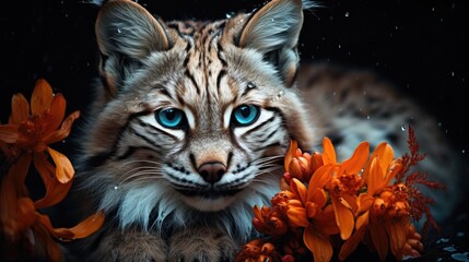  a close up of a cat with blue eyes and flowers in front of a black background with drops of water.  generative ai