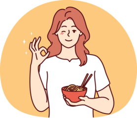 Smiling woman recommend food show ok gesture