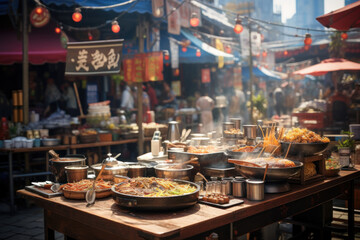 Naklejka premium A street food market bustling with vendors and customers, showcasing culinary diversity. Generative Ai.
