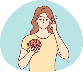 Young woman hold brain pint at head