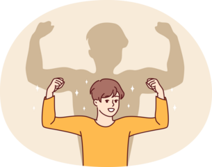 Smiling boy dream on having muscles