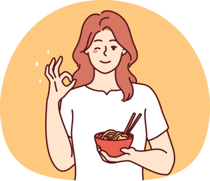 Smiling woman recommend food show ok gesture