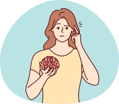 Young woman hold brain pint at head