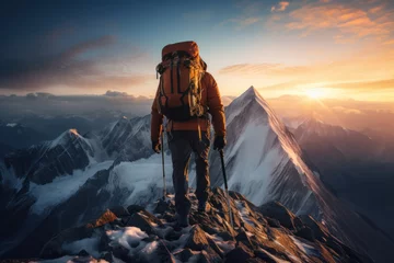  A mountain climber reaching a stunning summit, representing determination and adventure. Generative Ai. © Sebastian