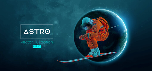 Abstract silhouette of a skiing astronaut in space action and Earth, Mars, planets on the background of the space. The skier man doing a trick. Carving Vector 3d render illustration © Yevheniia