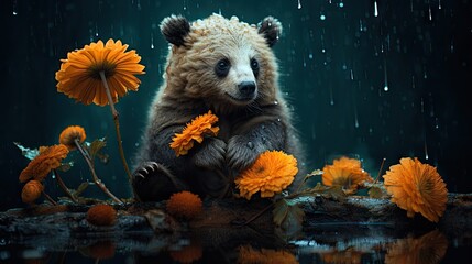  a brown bear sitting on top of a puddle of water next to yellow flowers and dandelions on a rainy day.  generative ai - obrazy, fototapety, plakaty