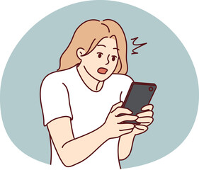 Stunned woman look at cellphone screen shocked
